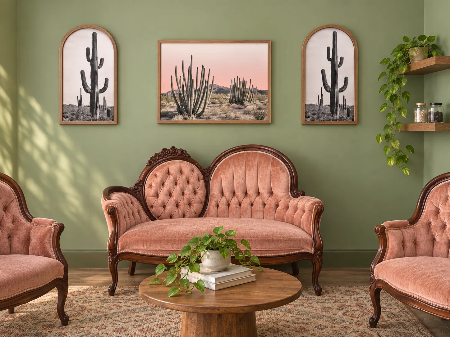 Pink vintage chairs and cactus artwork against the salon's sage green walls