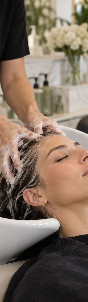 Conditioning at a shampoo basin illustrating Palm Beach salon hair treatments