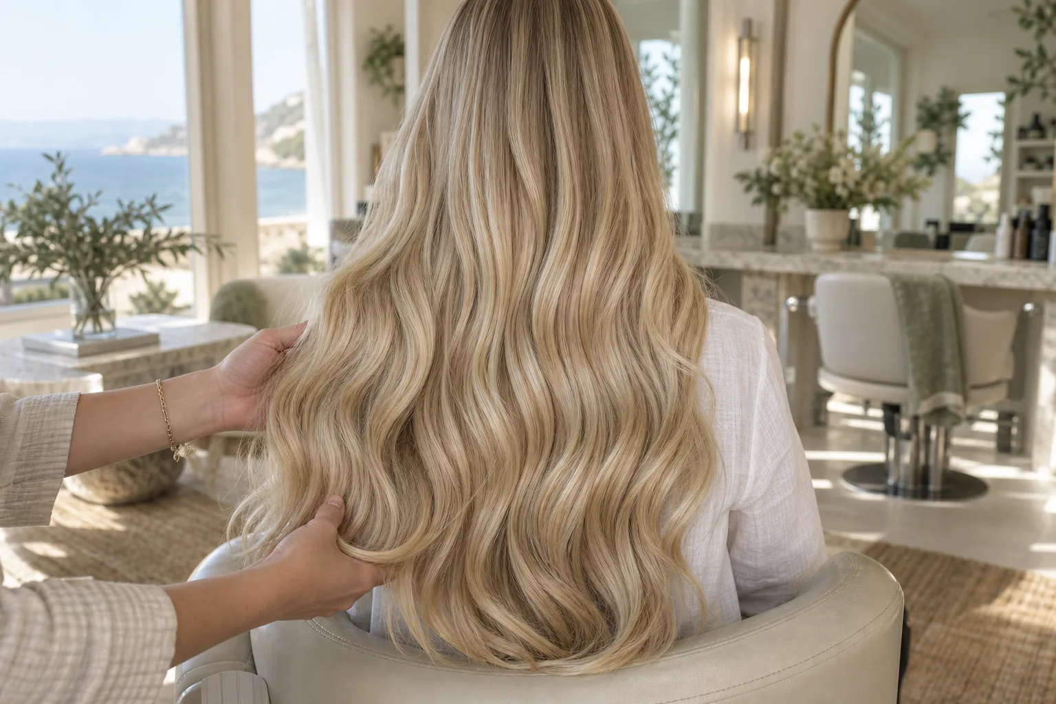 Blonde waves illustrating handmade hair extension fullness for Palm Beach clients