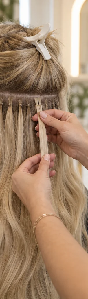Microlink placement in blonde hair illustrating Palm Beach hair extensions